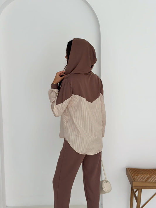 Sweat-poplin-Gömlek-Kombinli-Takım–KAPUSONLU-SKAHVE