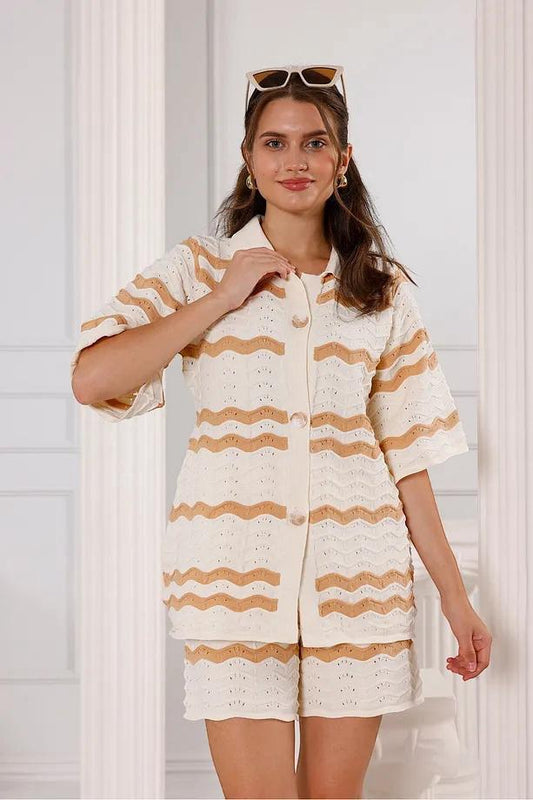 Triko Şortlu Hırka Takım – Kahve bej Çizgili