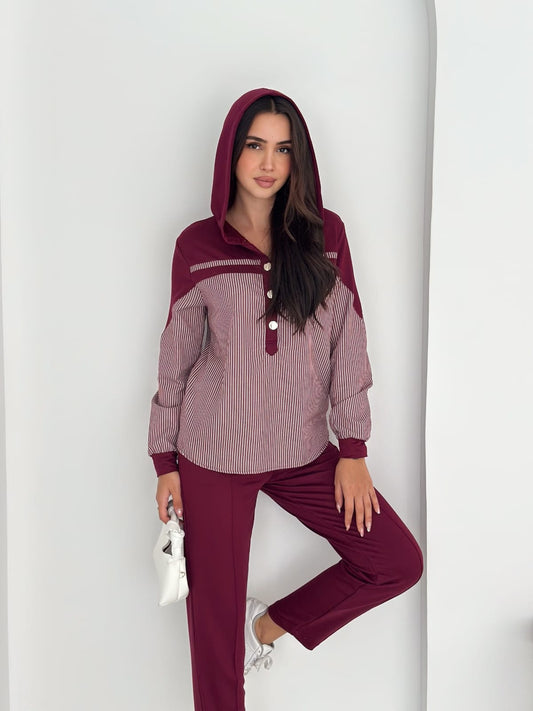 Sweat-poplin-Gömlek-Kombinli-Takım–KAPUSONLU-BORDO
