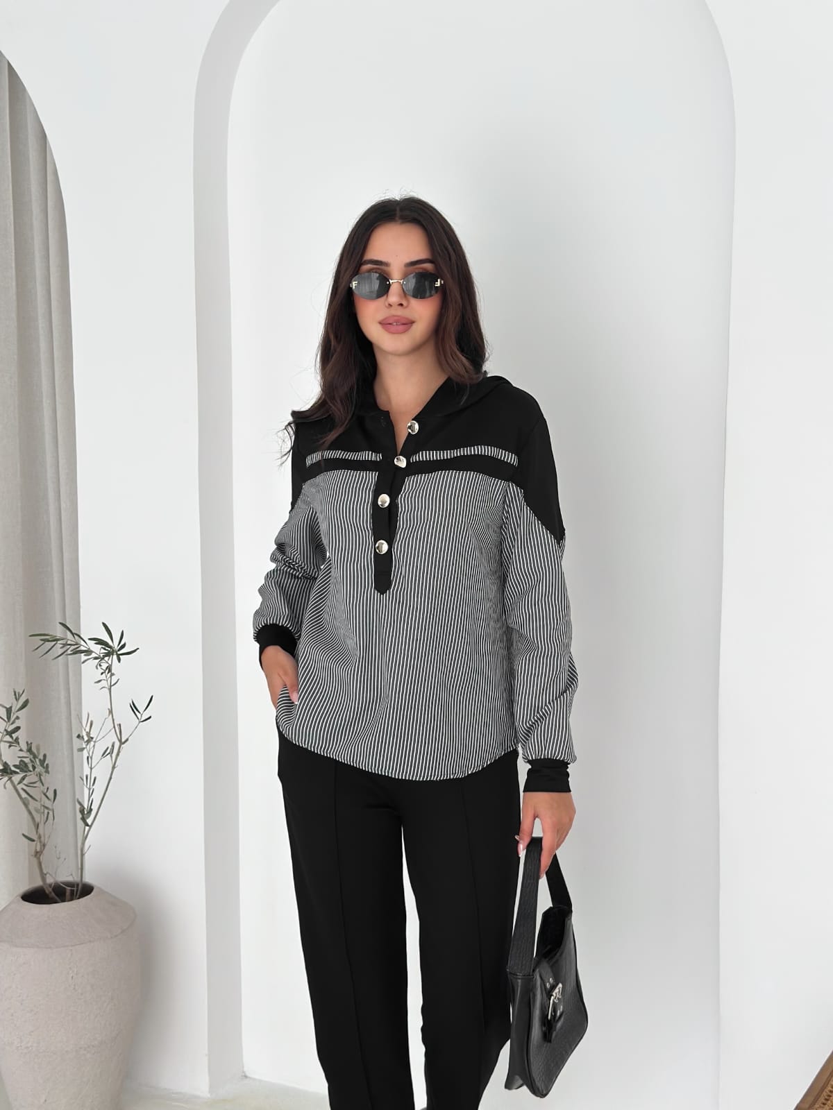 Sweat-poplin-Gömlek-Kombinli-Takım–KAPUSONLU-Siyah