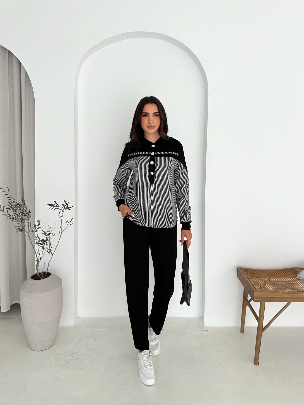 Sweat-poplin-Gömlek-Kombinli-Takım–KAPUSONLU-Siyah