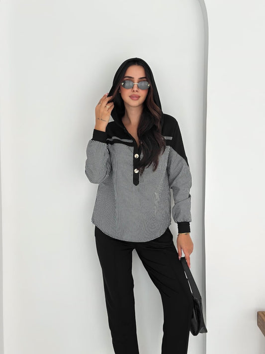 Sweat-poplin-Gömlek-Kombinli-Takım–KAPUSONLU-Siyah