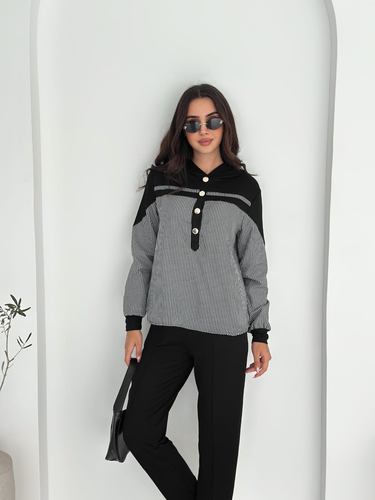 Sweat-poplin-Gömlek-Kombinli-Takım–KAPUSONLU-Siyah