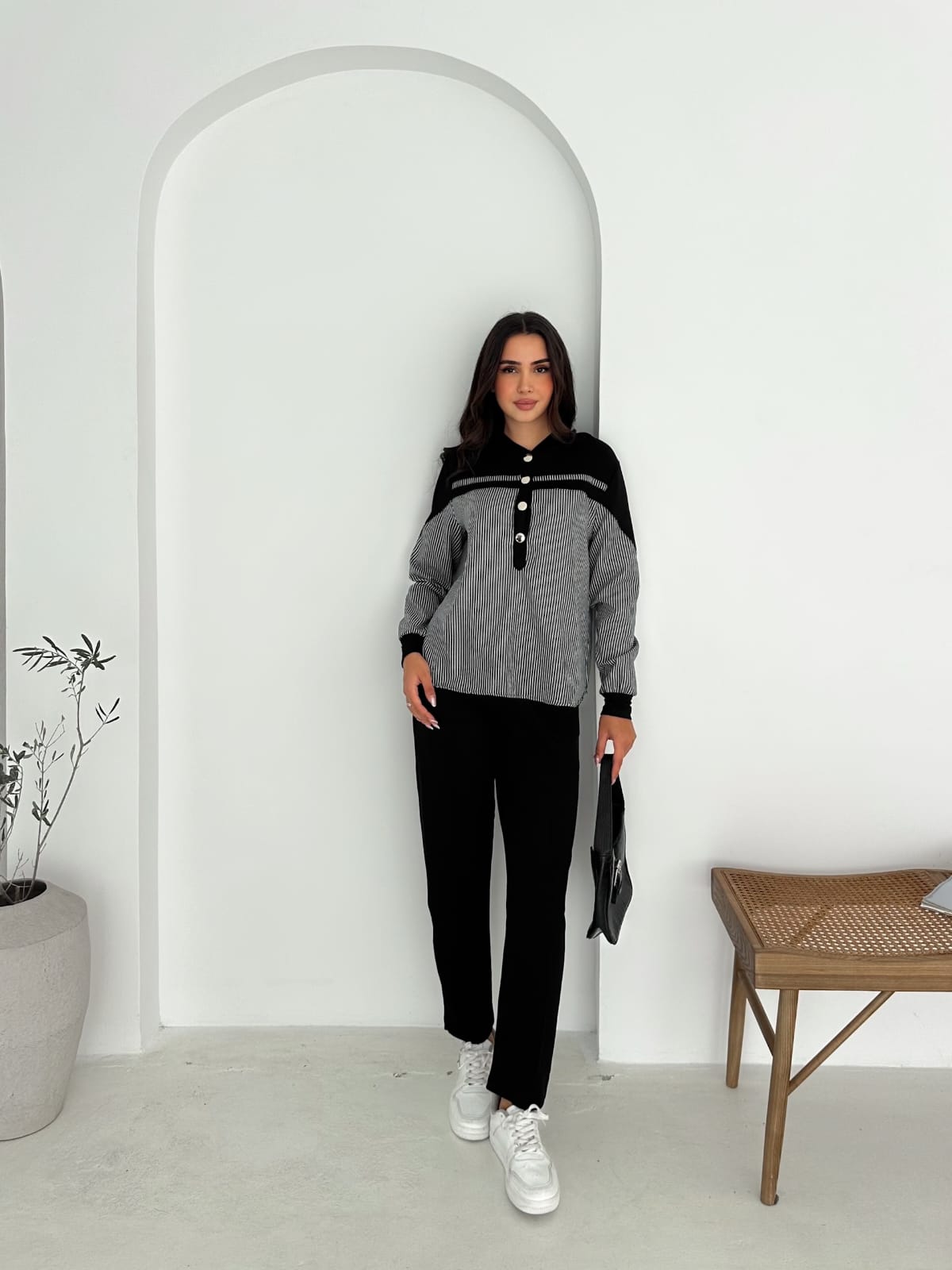 Sweat-poplin-Gömlek-Kombinli-Takım–KAPUSONLU-Siyah