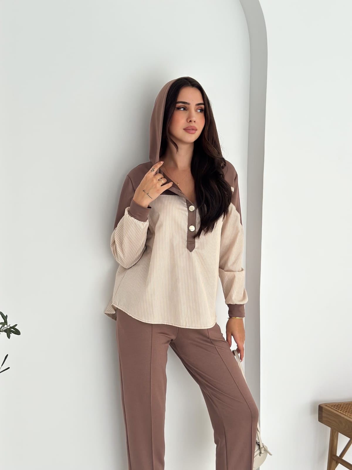 Sweat-poplin-Gömlek-Kombinli-Takım–KAPUSONLU-SKAHVE