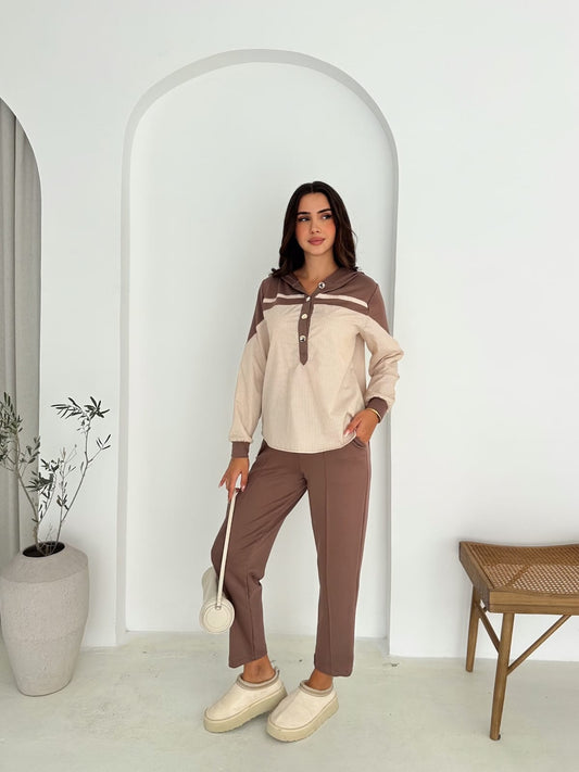 Sweat-poplin-Gömlek-Kombinli-Takım–KAPUSONLU-SKAHVE