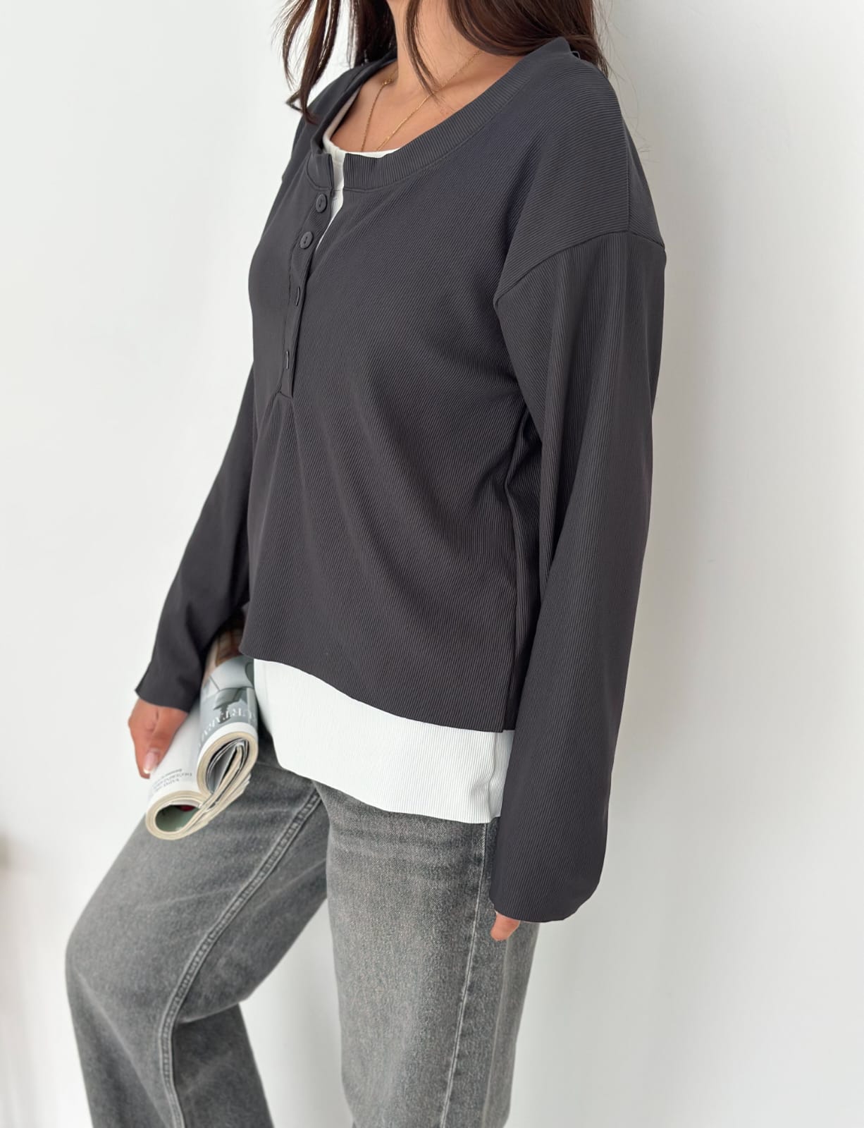 Sweat Kombinli 2 iplik Bluz-Antrasit