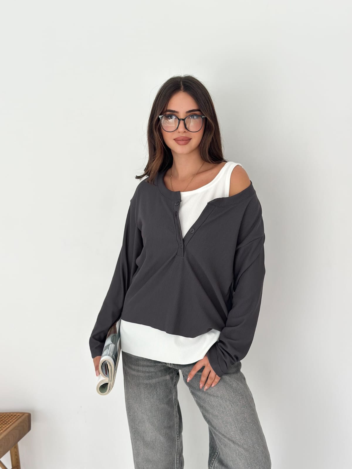 Sweat Kombinli 2 iplik Bluz-Antrasit