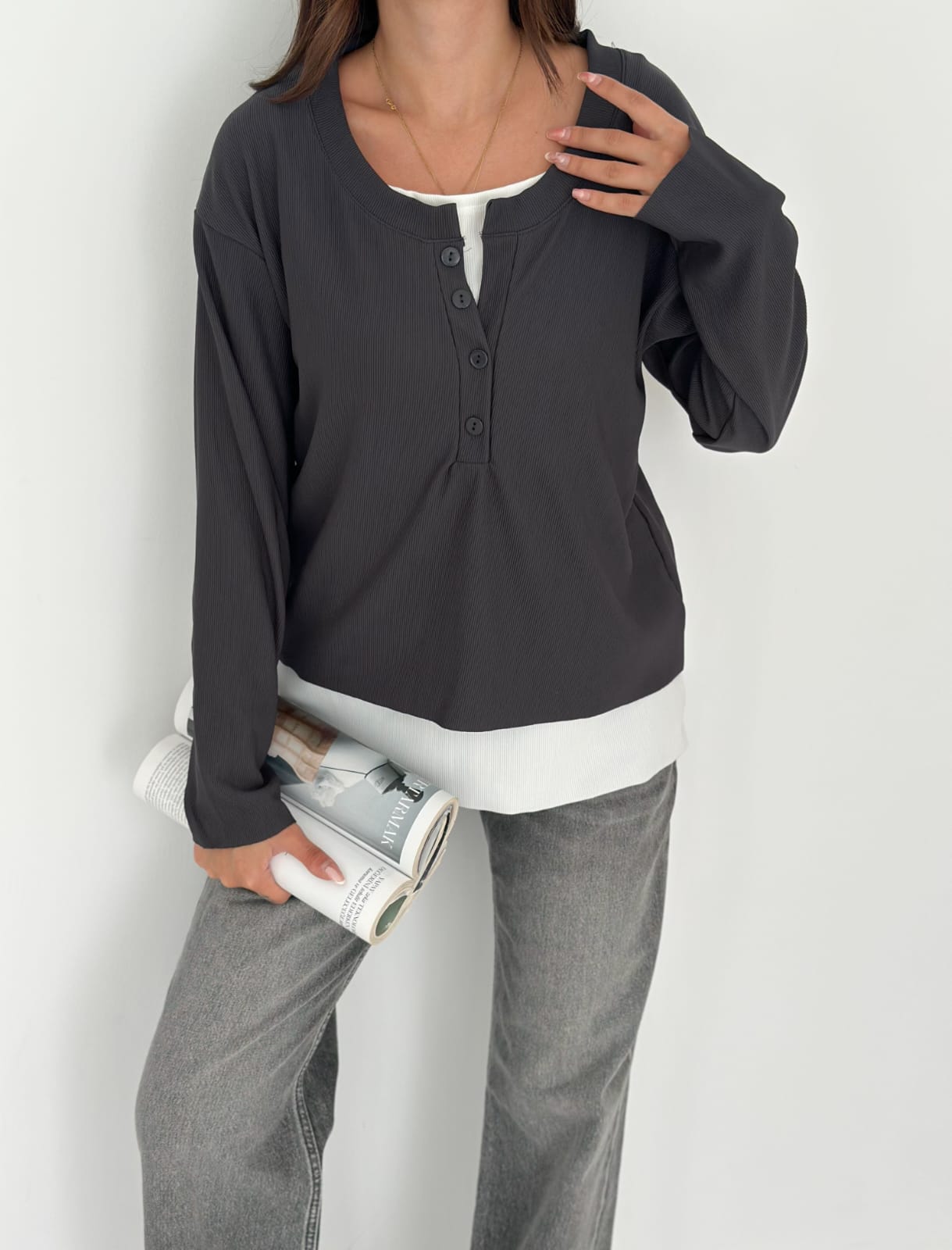 Sweat Kombinli 2 iplik Bluz-Antrasit