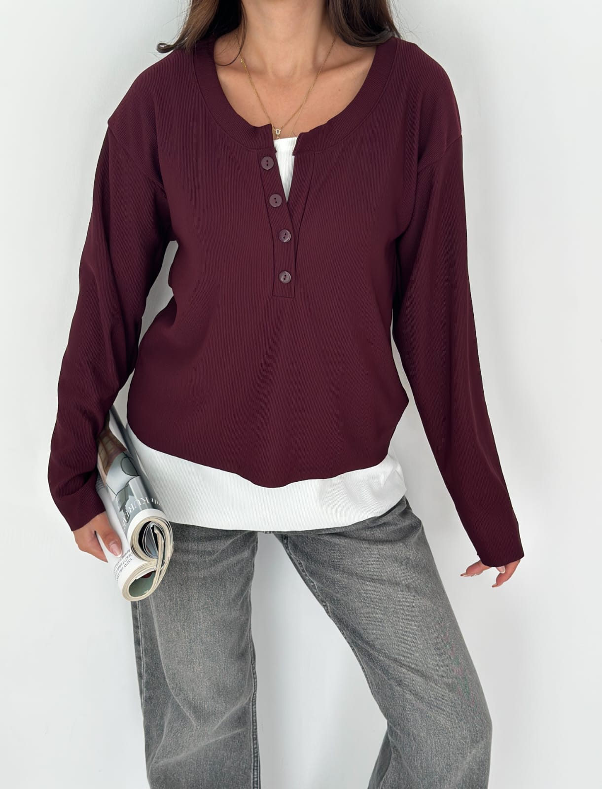 Sweat Kombinli 2 iplik Bluz–bordo