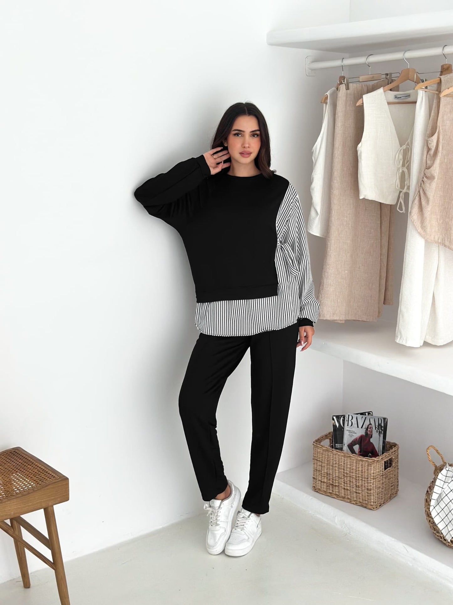 Sweat-Gömlek-Kombinli-Takım–Siyah-cizgili