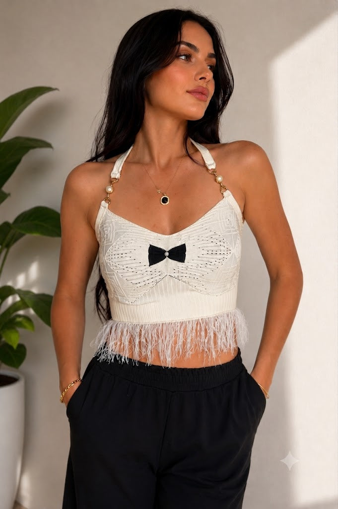 Kadın Gece Kelebeği Fiyonk İnci Detaylı Püsküllü Triko Crop Top