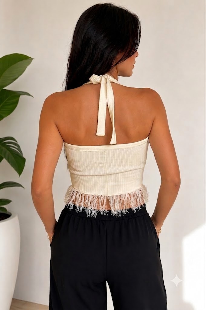 Kadın Gece Kelebeği Fiyonk İnci Detaylı Püsküllü Triko Crop Top