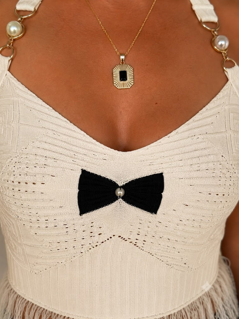 Kadın Gece Kelebeği Fiyonk İnci Detaylı Püsküllü Triko Crop Top
