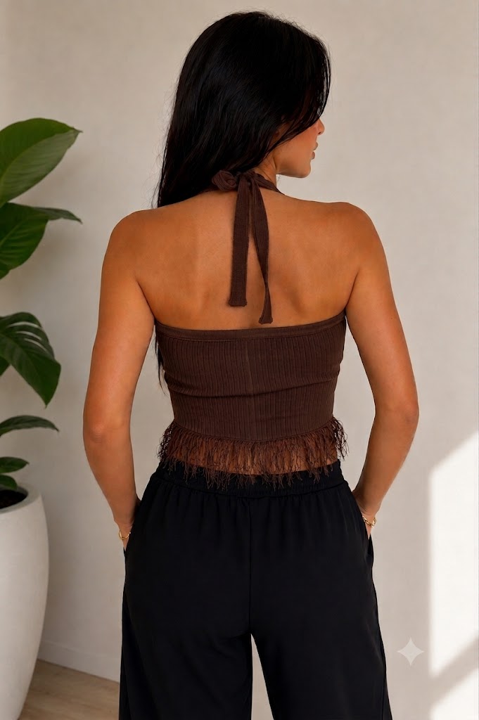 Kadın Gece Kelebeği Fiyonk İnci Detaylı Püsküllü Triko Crop Top