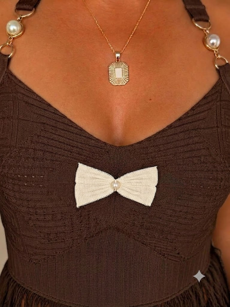 Kadın Gece Kelebeği Fiyonk İnci Detaylı Püsküllü Triko Crop Top