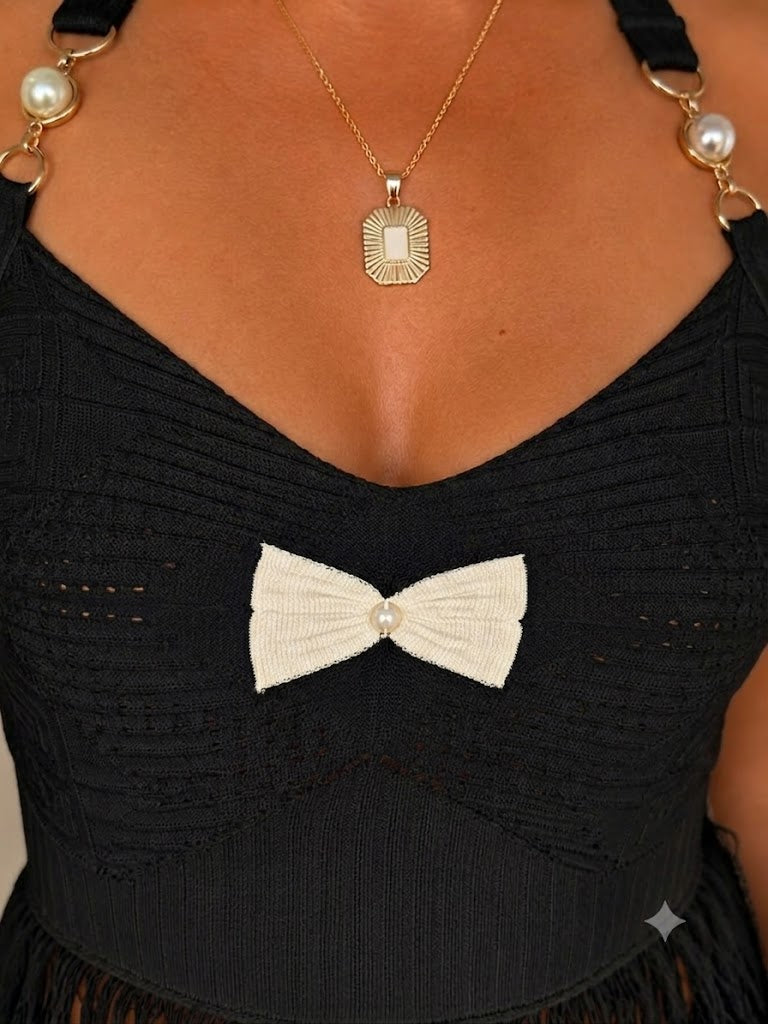 Kadın Gece Kelebeği Fiyonk İnci Detaylı Püsküllü Triko Crop Top