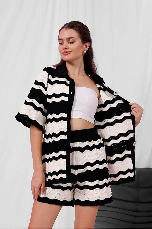 Triko Şortlu Hırka Takım – Siyah Beyaz Çizgili